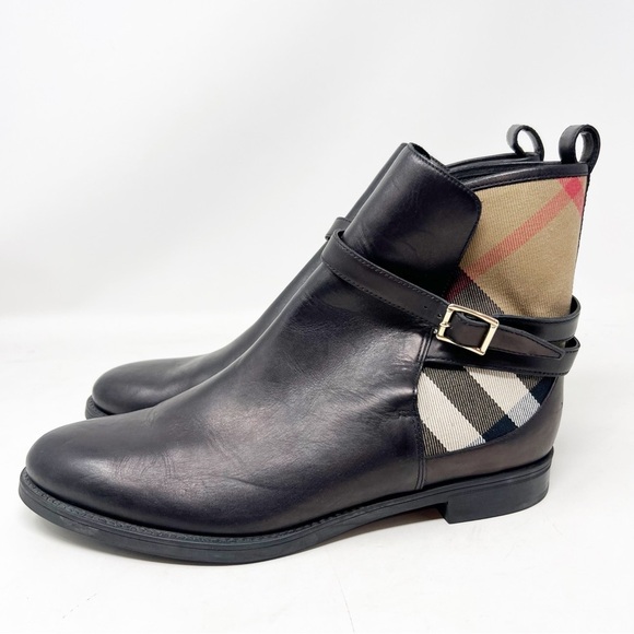 BURBERRY BROWN LEATHER PRYLE EQUESTRIAN CHECK ANKLE BOOTIES WOMENS SZ 41/11 - Picture 1 of 7